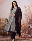 Floral Rayon Kurta Set with Crochet Detail, Embroidered Sleeves & Lace Dupatta