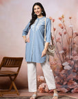 Solid Straight Cotton Blend Kurta Set with Ethnic Embroidery & Lace Detail