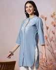 Solid Straight Cotton Blend Kurta Set with Ethnic Embroidery & Lace Detail