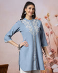 Solid Straight Cotton Blend Kurta Set with Ethnic Embroidery & Lace Detail