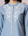 Solid Straight Cotton Blend Kurta Set with Ethnic Embroidery & Lace Detail