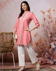 Solid Straight Cotton Blend Kurta Set with Ethnic Embroidery & Lace Detail