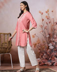 Solid Straight Cotton Blend Kurta Set with Ethnic Embroidery & Lace Detail
