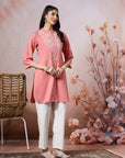 Solid Straight Cotton Blend Kurta Set with Ethnic Embroidery & Lace Detail