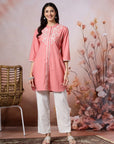 Solid Straight Cotton Blend Kurta Set with Ethnic Embroidery & Lace Detail