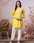 Mandarin Collar Embroidered Kurta Set with Lace Sleeves & Pocketed Palazzo