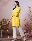 Mandarin Collar Embroidered Kurta Set with Lace Sleeves & Pocketed Palazzo