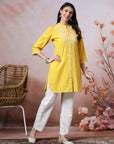Mandarin Collar Embroidered Kurta Set with Lace Sleeves & Pocketed Palazzo