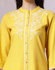 Mandarin Collar Embroidered Kurta Set with Lace Sleeves & Pocketed Palazzo