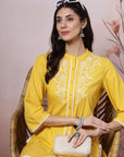 Mandarin Collar Embroidered Kurta Set with Lace Sleeves & Pocketed Palazzo