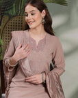 Solid Embroidered Cotton Calf Length Kurta Set with Dupatta for Women