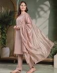 Solid Embroidered Cotton Calf Length Kurta Set with Dupatta for Women