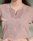 Solid Embroidered Cotton Calf Length Kurta Set with Dupatta for Women