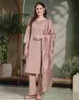 Solid Embroidered Cotton Calf Length Kurta Set with Dupatta for Women
