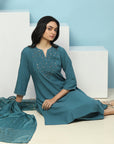 Embroidered Cotton Kurta Set with Lace Sleeves & Zari Dupatta