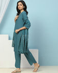 Embroidered Cotton Kurta Set with Lace Sleeves & Zari Dupatta