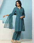 Embroidered Cotton Kurta Set with Lace Sleeves & Zari Dupatta