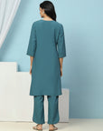 Embroidered Cotton Kurta Set with Lace Sleeves & Zari Dupatta