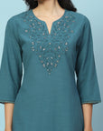 Embroidered Cotton Kurta Set with Lace Sleeves & Zari Dupatta