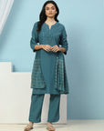 Embroidered Cotton Kurta Set with Lace Sleeves & Zari Dupatta