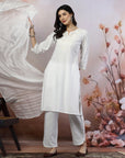 Embroidered Cotton Kurta Set with Lace Sleeves & Zari Dupatta