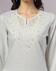 Embroidered Cotton Kurta Set with Lace Sleeves & Zari Dupatta