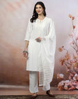 Embroidered Cotton Kurta Set with Lace Sleeves & Zari Dupatta