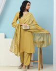 Solid Straight Cotton Kurta Set with Thread Embroidery & Zari Dupatta