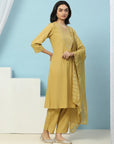 Solid Straight Cotton Kurta Set with Thread Embroidery & Zari Dupatta