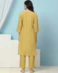 Solid Straight Cotton Kurta Set with Thread Embroidery & Zari Dupatta