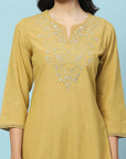 Solid Straight Cotton Kurta Set with Thread Embroidery & Zari Dupatta