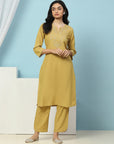 Solid Straight Cotton Kurta Set with Thread Embroidery & Zari Dupatta