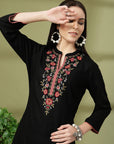 Black Embroidered Rayon Co-ord Set with Lace Accents