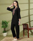 Black Embroidered Rayon Co-ord Set with Lace Accents