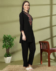 Black Embroidered Rayon Co-ord Set with Lace Accents