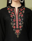 Black Embroidered Rayon Co-ord Set with Lace Accents
