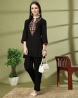 Black Embroidered Rayon Co-ord Set with Lace Accents
