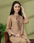 Khaki Embroidered Rayon Co-ord Set with Lace Accents