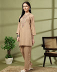 Khaki Embroidered Rayon Co-ord Set with Lace Accents