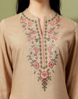 Khaki Embroidered Rayon Co-ord Set with Lace Accents