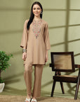 Khaki Embroidered Rayon Co-ord Set with Lace Accents