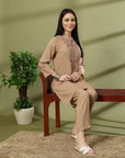Khaki Embroidered Rayon Co-ord Set with Lace Accents