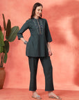 Solid A-Line Cotton Kurta Set with Embroidery & Palazzo