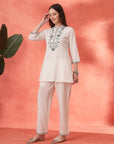 Solid A-Line Cotton Kurta Set with Embroidery & Palazzo