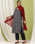 Abstract Printed Viscose Rayon Kurta Set with Mirror Work & Laced Dupatta