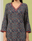 Abstract Printed Viscose Rayon Kurta Set with Mirror Work & Laced Dupatta