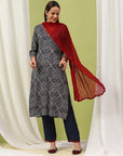 Abstract Printed Viscose Rayon Kurta Set with Mirror Work & Laced Dupatta
