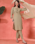 Solid Straight Cotton Kurta Set with Embroidery & Organza Dupatta
