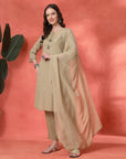 Solid Straight Cotton Kurta Set with Embroidery & Organza Dupatta