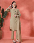 Solid Straight Cotton Kurta Set with Embroidery & Organza Dupatta